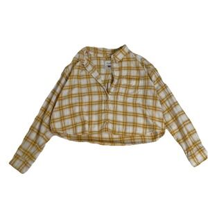 American Eagle Plaid Flannel Shirt Cropped Yellow Button Down Heritage Cabin L